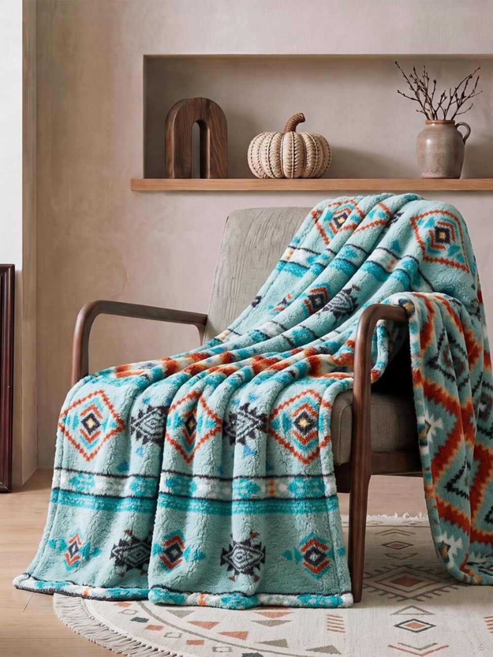 Boho Aztec Sherpa Blanket Aqua 50"x60" Ultra Soft Plush Throw